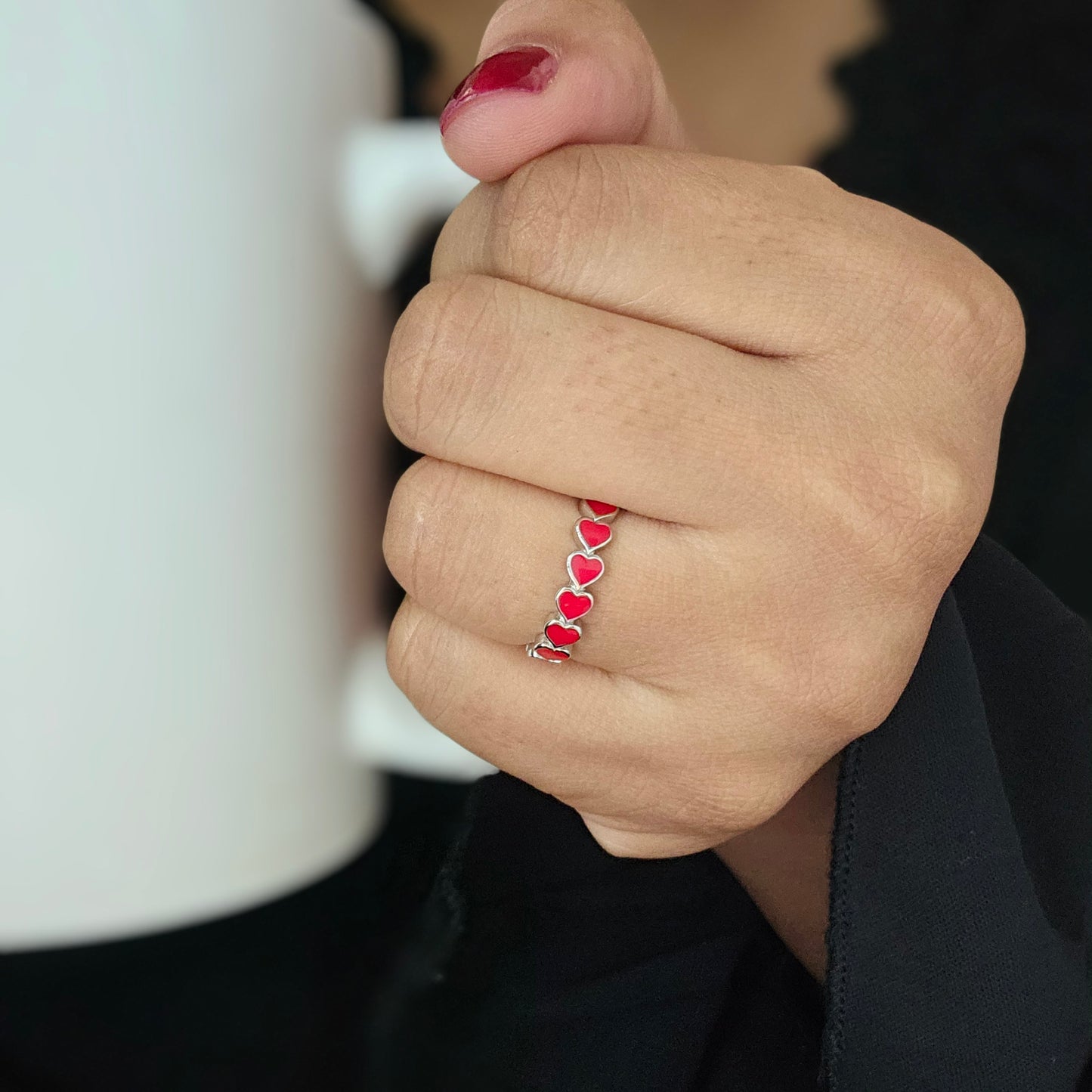 Silver stainless steel Juliette Ring with red heart-shaped gemstones, unisex fashion jewelry ideal for Mauritius, Europe,.