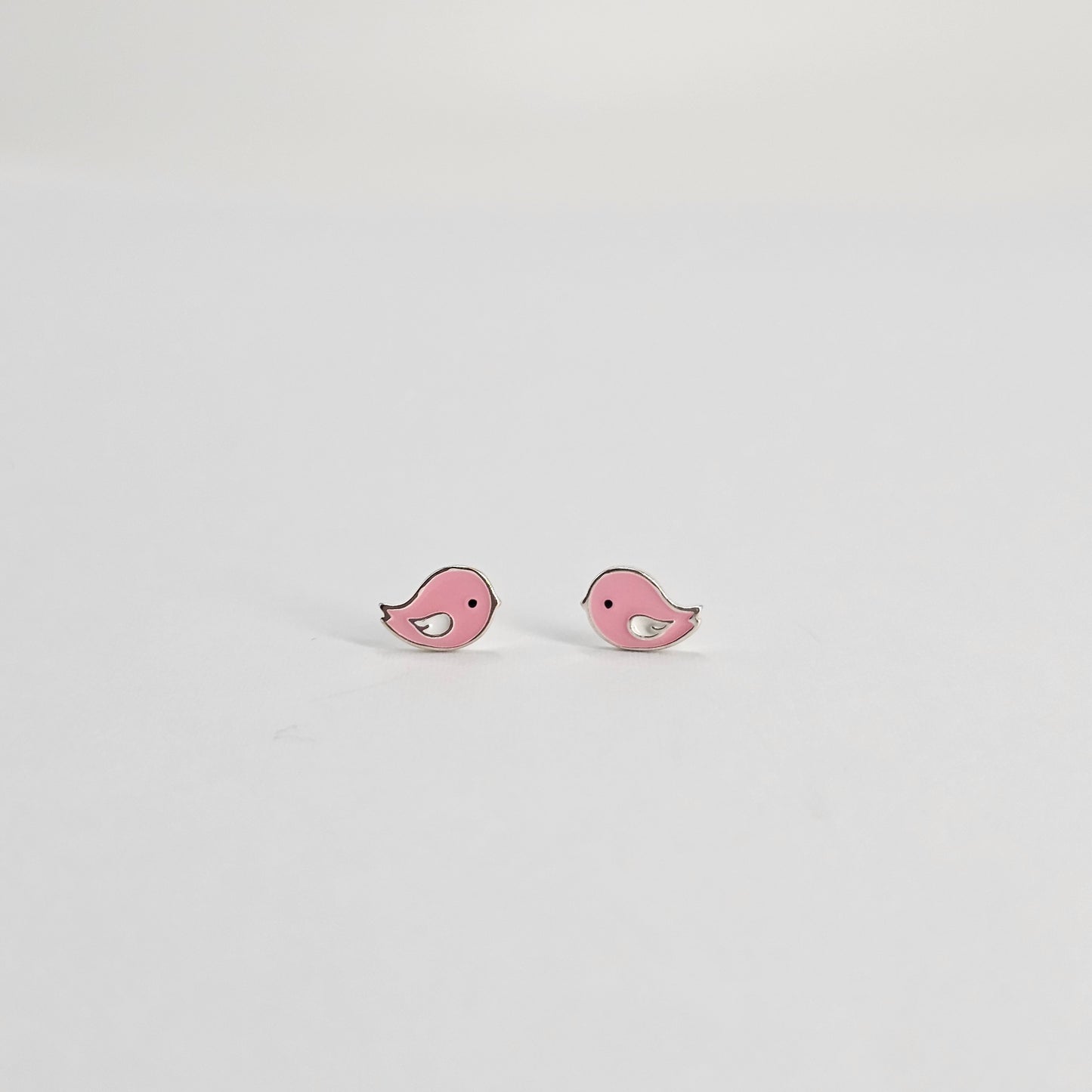 Pink love bird stud earrings in silver jewelry, stainless steel fashion jewelry for kids.