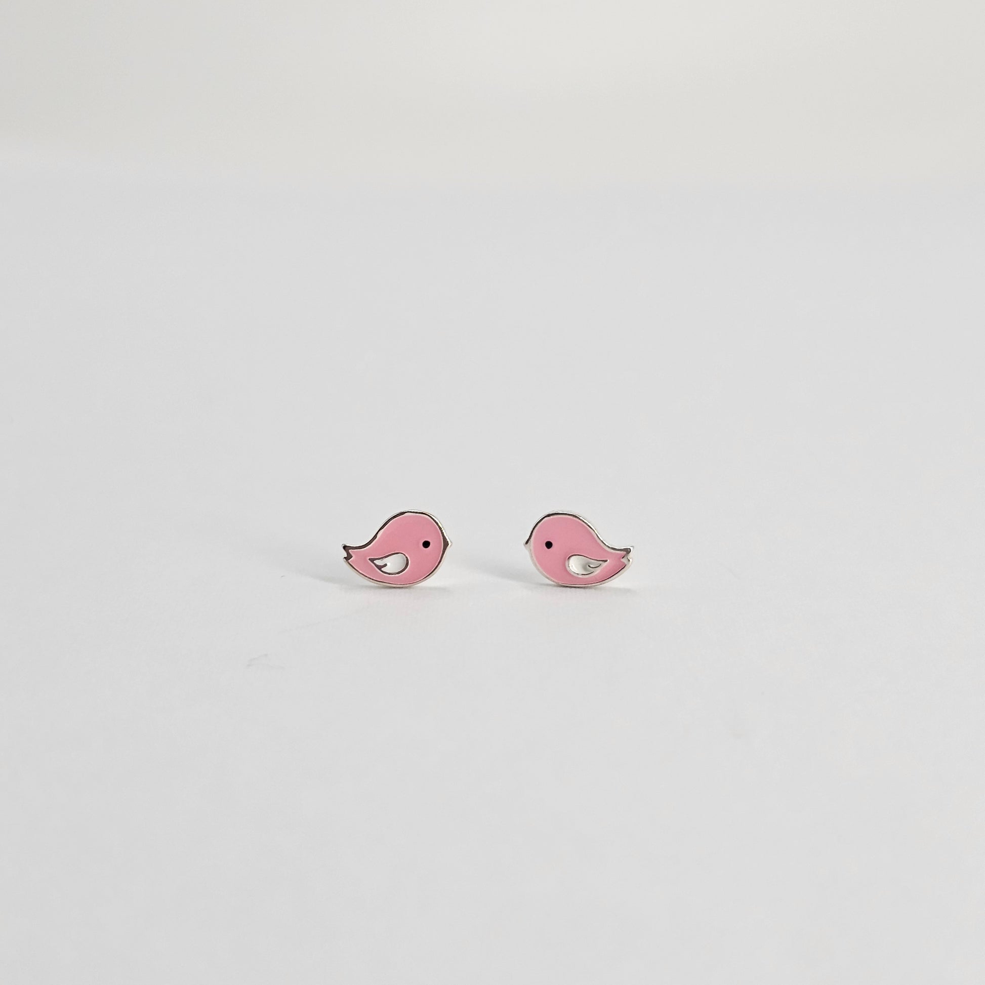Pink love bird stud earrings in silver jewelry, stainless steel fashion jewelry for kids.