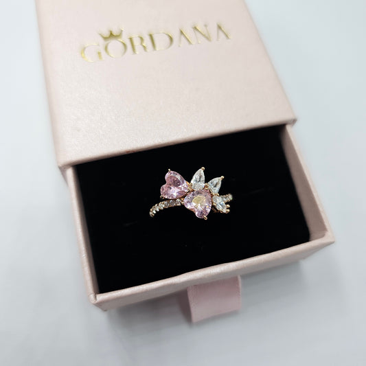 Rose gold stainless steel ring with pink and clear gemstones, elegant silver fashion jewelry, unisex Mauritius Europe USA.