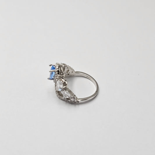 Silver jewelry ring with blue and clear gemstones, stainless steel, unisex fashion jewelry.