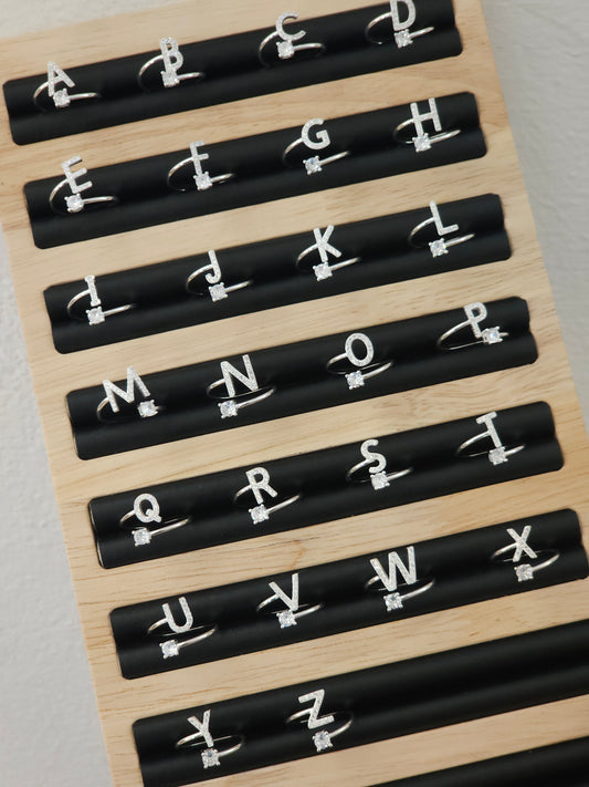 Set of silver alphabet rings in stainless steel jewelry with elegant, unisex fashion design, Mauritius Europe USA style.