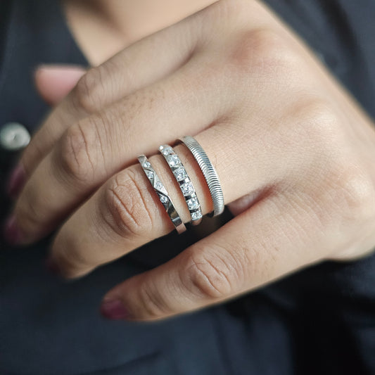 A set of three stackable silver plated stainless steel rings for women in Mauritius. 