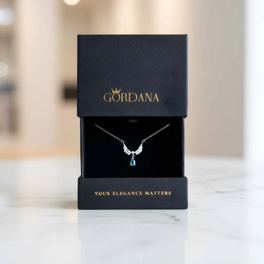An elegant S925 sterling silver necklace with an angel wing design pendant and opal stone for woman. 