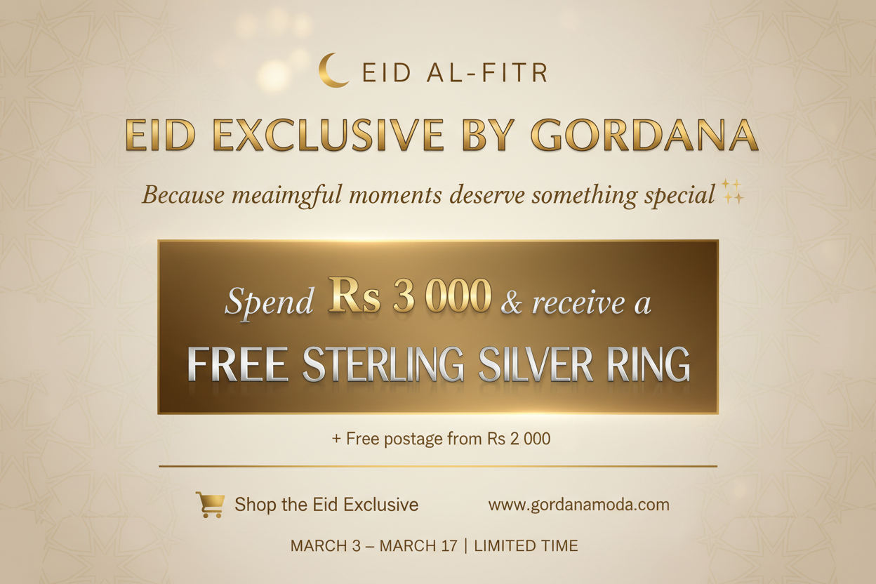 Advertisement for Gordana's Jewelry Eid Exclusive offer with a free sterling silver ring and stainless steel promotion.