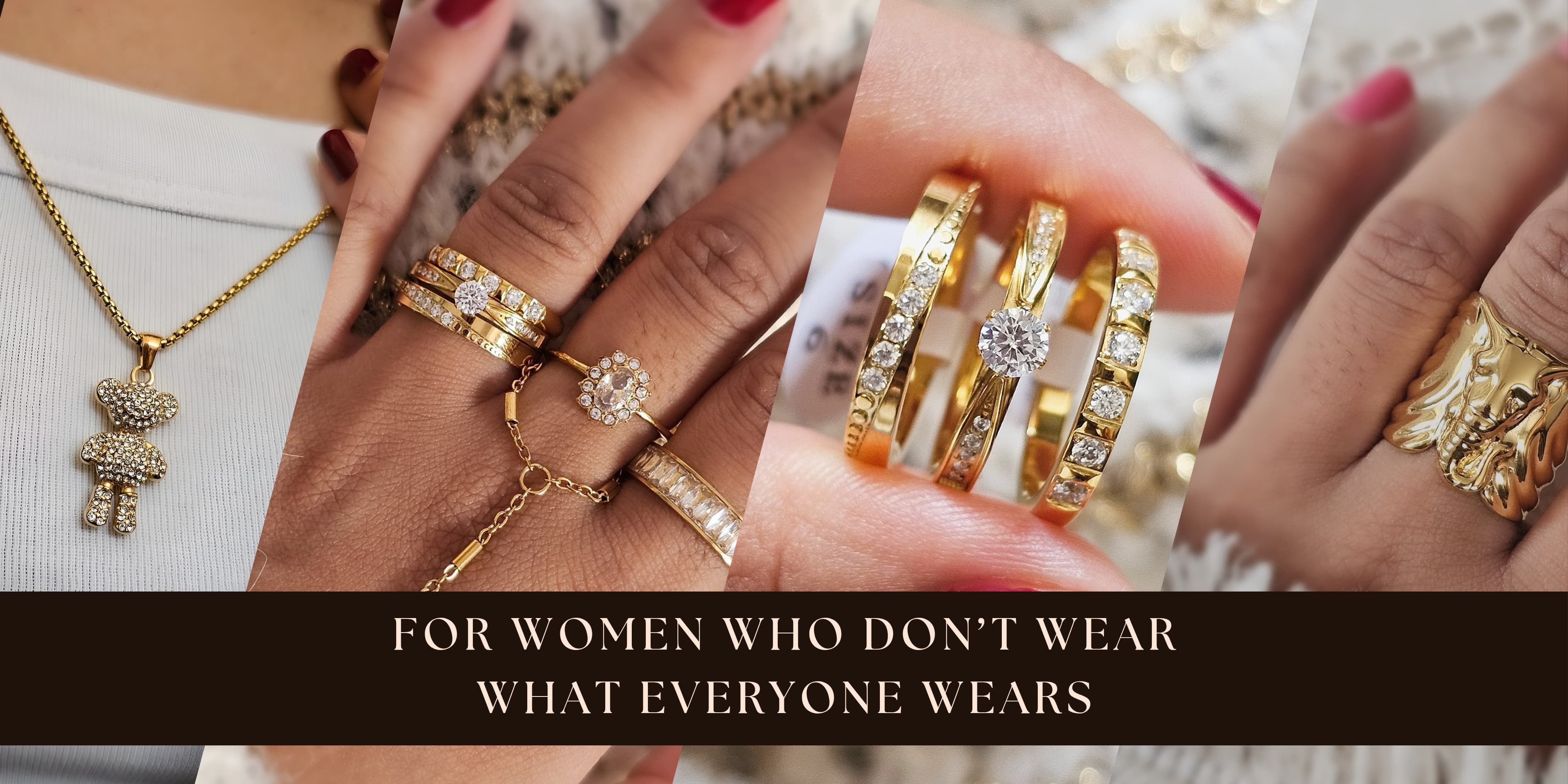 Gold jewelry including rings and a necklace on a neutral background with text.