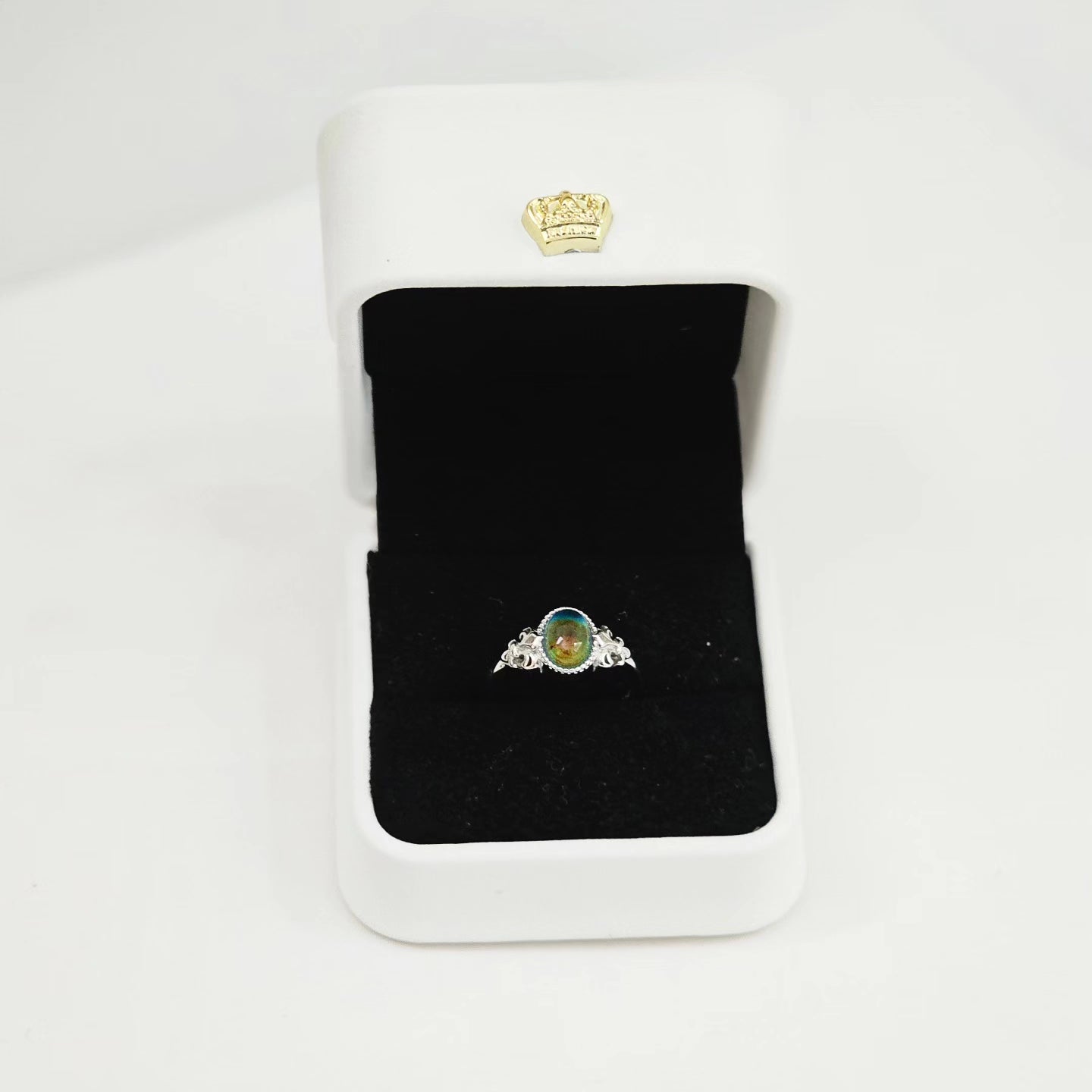 Silver mood ring with vibrant gemstone set in intricate stainless steel, unisex fashion jewelry in white luxury box,.