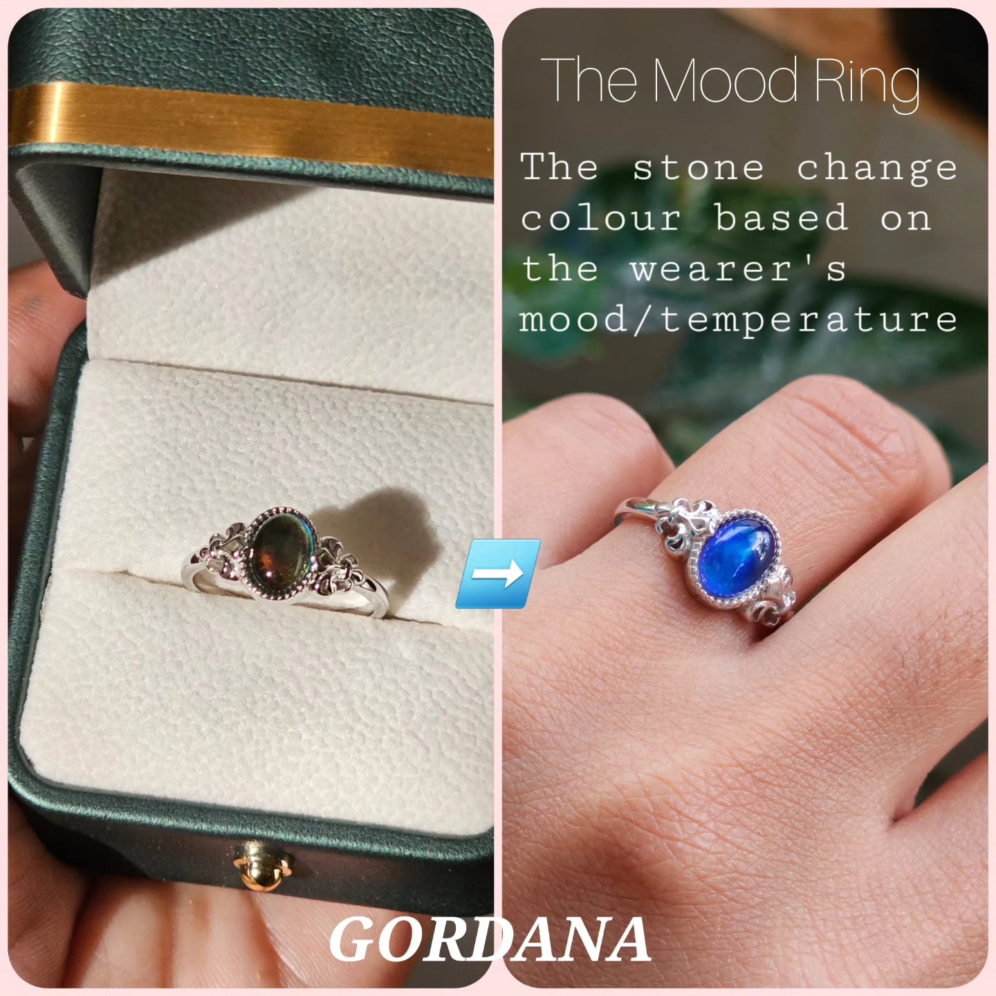 Silver mood ring with adjustable band featuring a color-changing gemstone, stainless steel jewelry, unisex fashion jewelry.