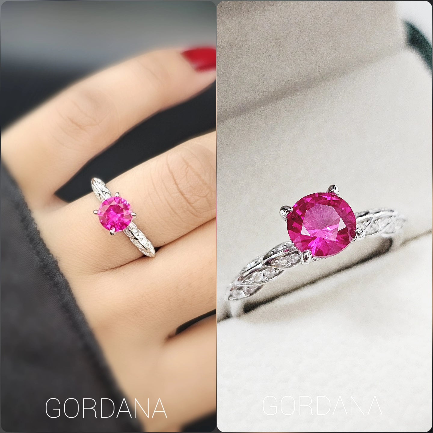 Silver jewelry ring with a vibrant round pink gemstone, stainless steel band with intricate details, unisex fashion jewelry.