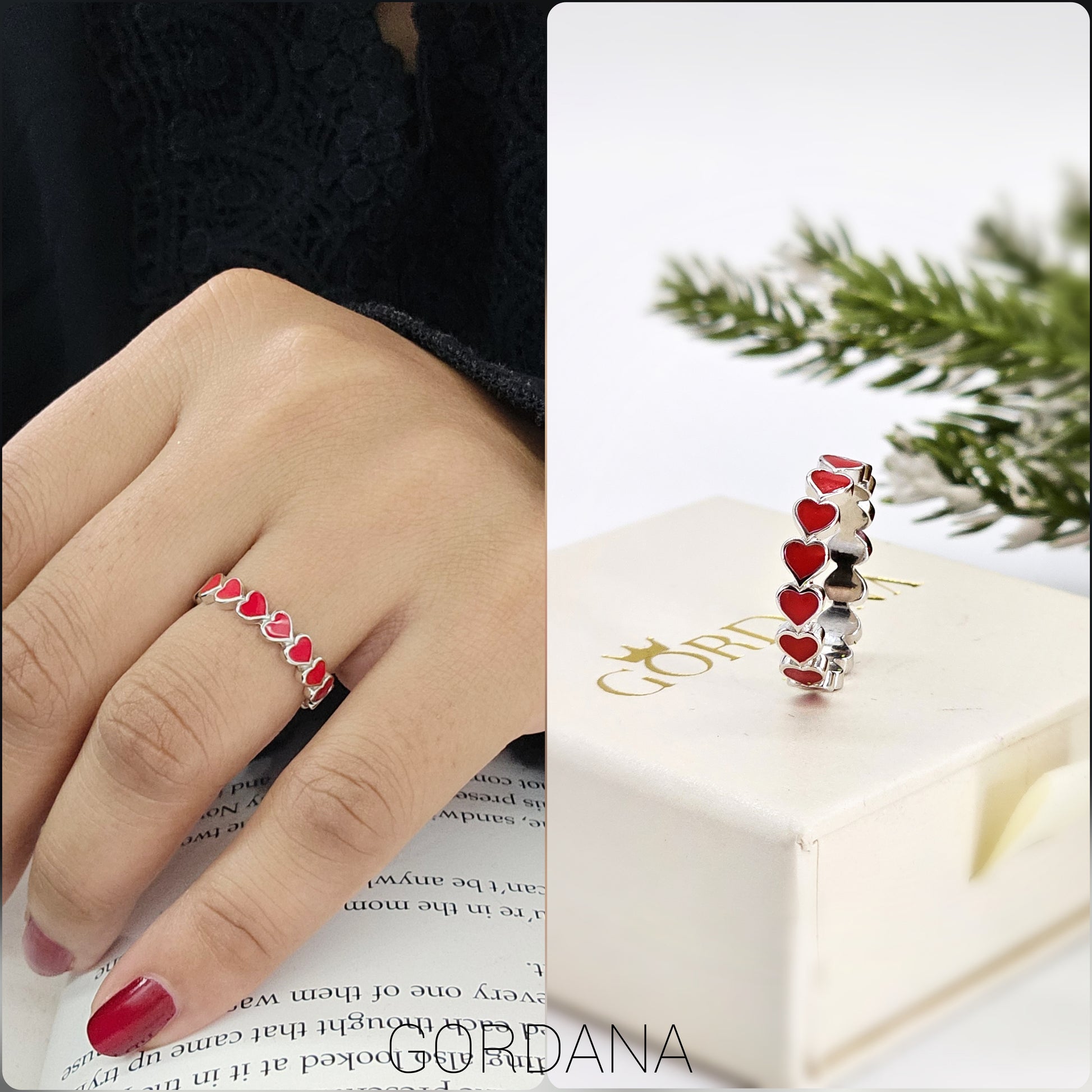 Silver jewelry ring with red heart gemstones, stainless steel fashion jewelry, unisex design, Mauritius Europe USA style.