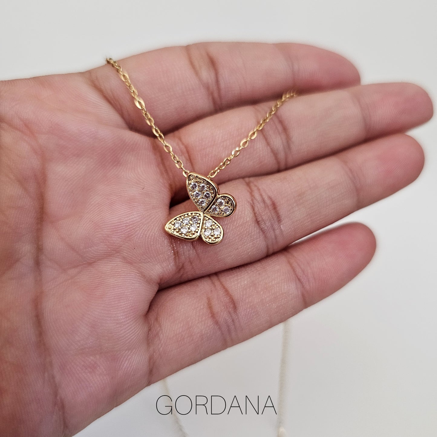 18k gold plated butterfly necklace with gemstone accents, stainless steel jewelry, unisex fashion jewelry.