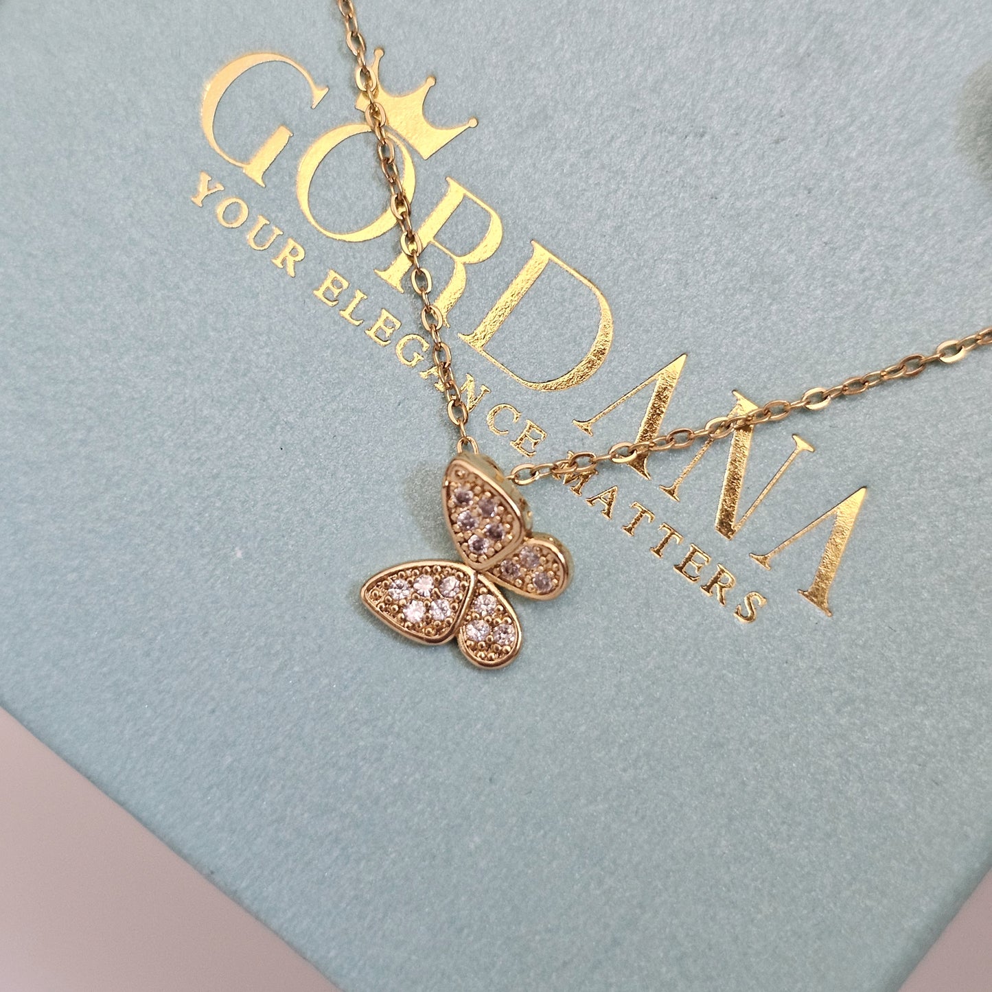 Elegant 18k gold plated butterfly necklace with sparkling gemstones, stainless steel jewelry for unisex fashion styles in.