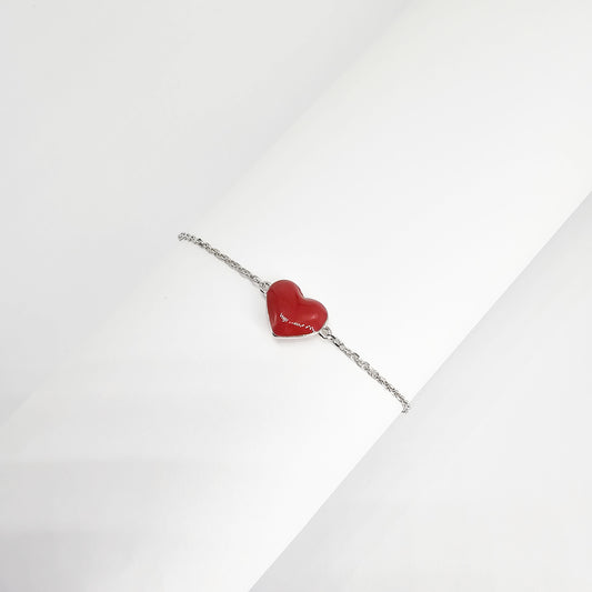 Sterling silver 925 red enamel heart chain bracelet, romantic, Valentine's Day, everyday wear, minimalist bracelet