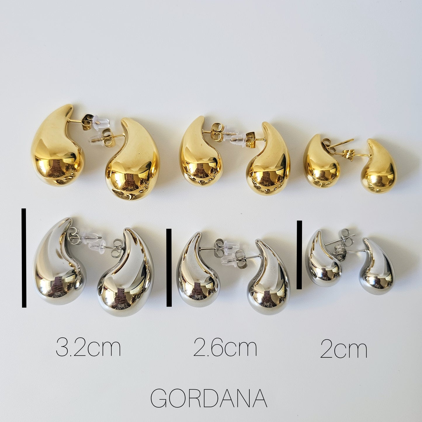 Elegant 18K gold plated stainless steel Bottega earrings in three sizes, fashion jewelry for unisex global style.