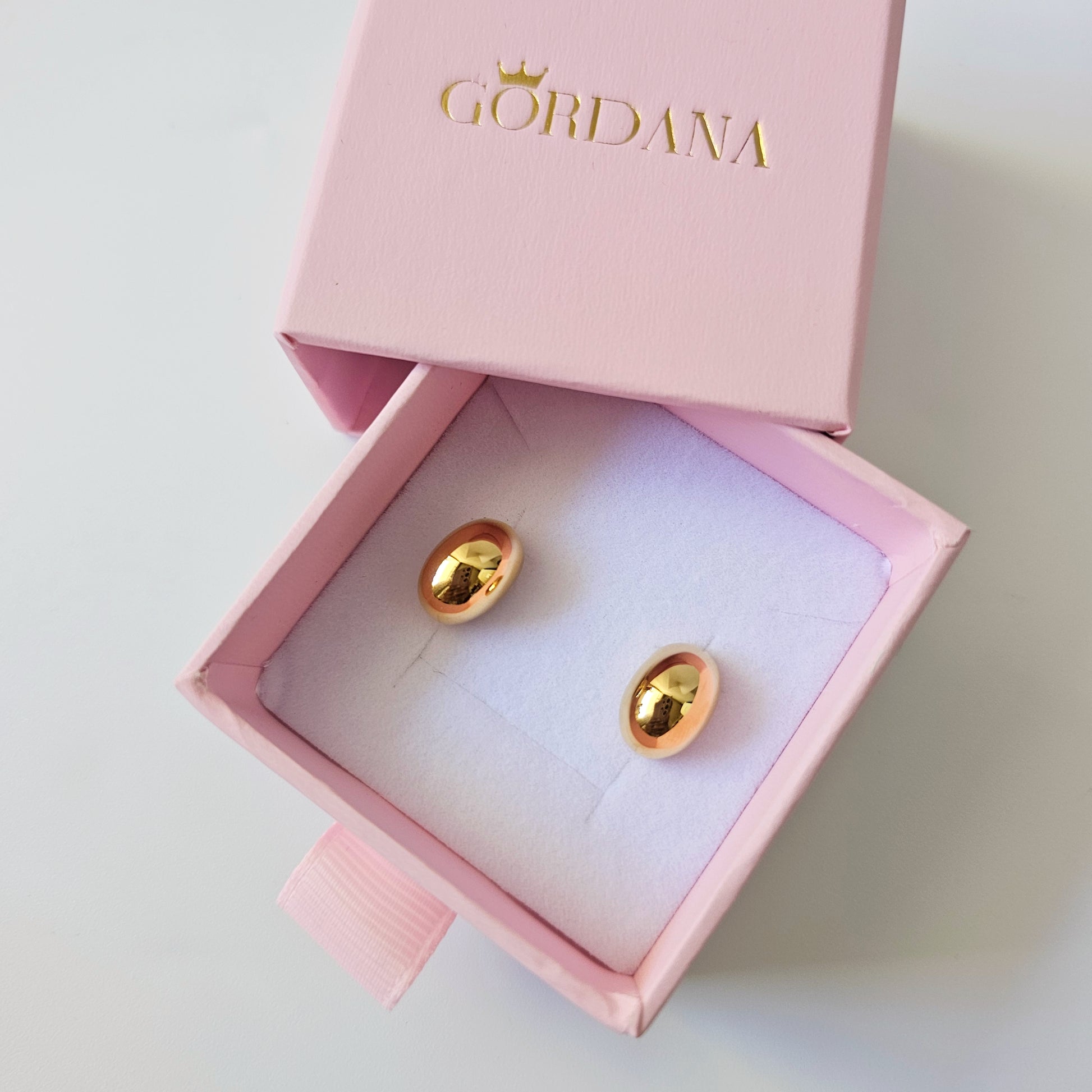 18K gold plated stainless steel bean-shaped earrings in pink GORDANA jewelry box, unisex fashion jewelry.