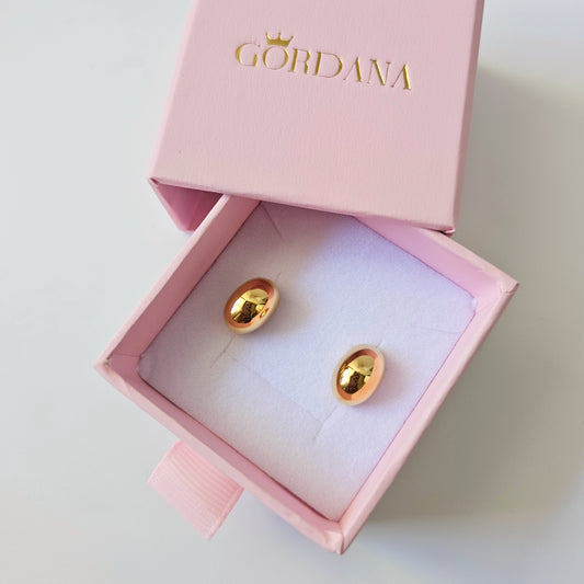 18K gold plated stainless steel bean-shaped earrings in pink GORDANA jewelry box, unisex fashion jewelry.