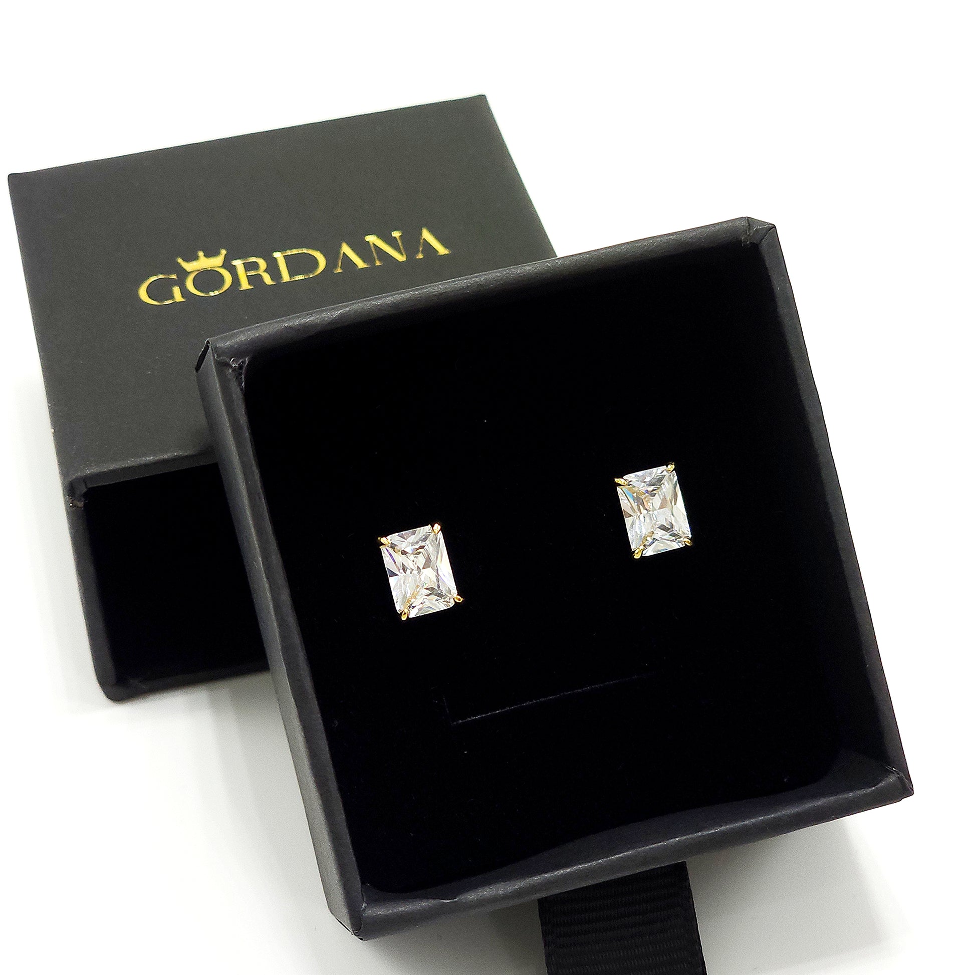 Rectangular clear gemstone earrings set in 18K gold-plated stainless steel, elegant unisex fashion jewelry from Mauritius.