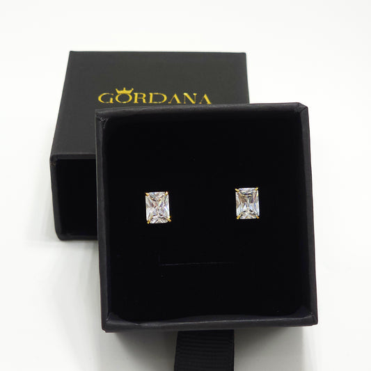 18K gold plated Victoria earrings with rectangular clear gemstones in black velvet box, elegant unisex fashion jewelry.