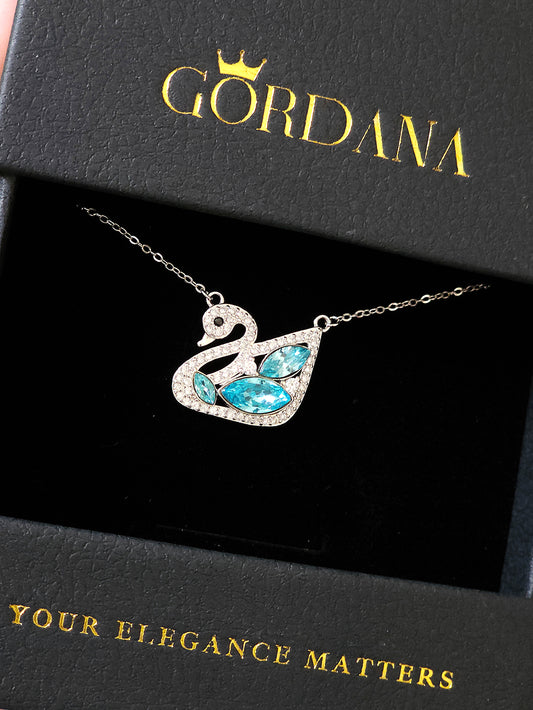 Elegant Swan Pendant Necklace — Sterling Silver with Blue and White Crystals