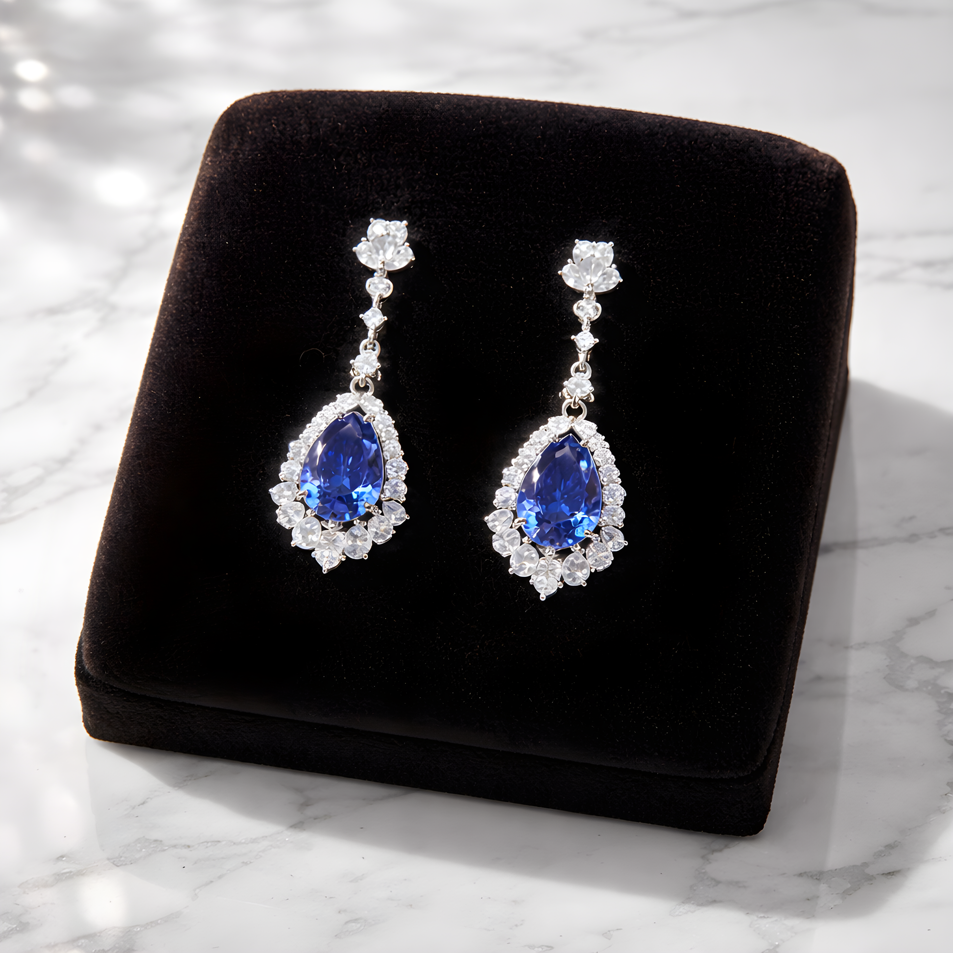 A pair of luxury S925 sterling silver tear drop earrings with blue sapphire stones and diamonds for women. 