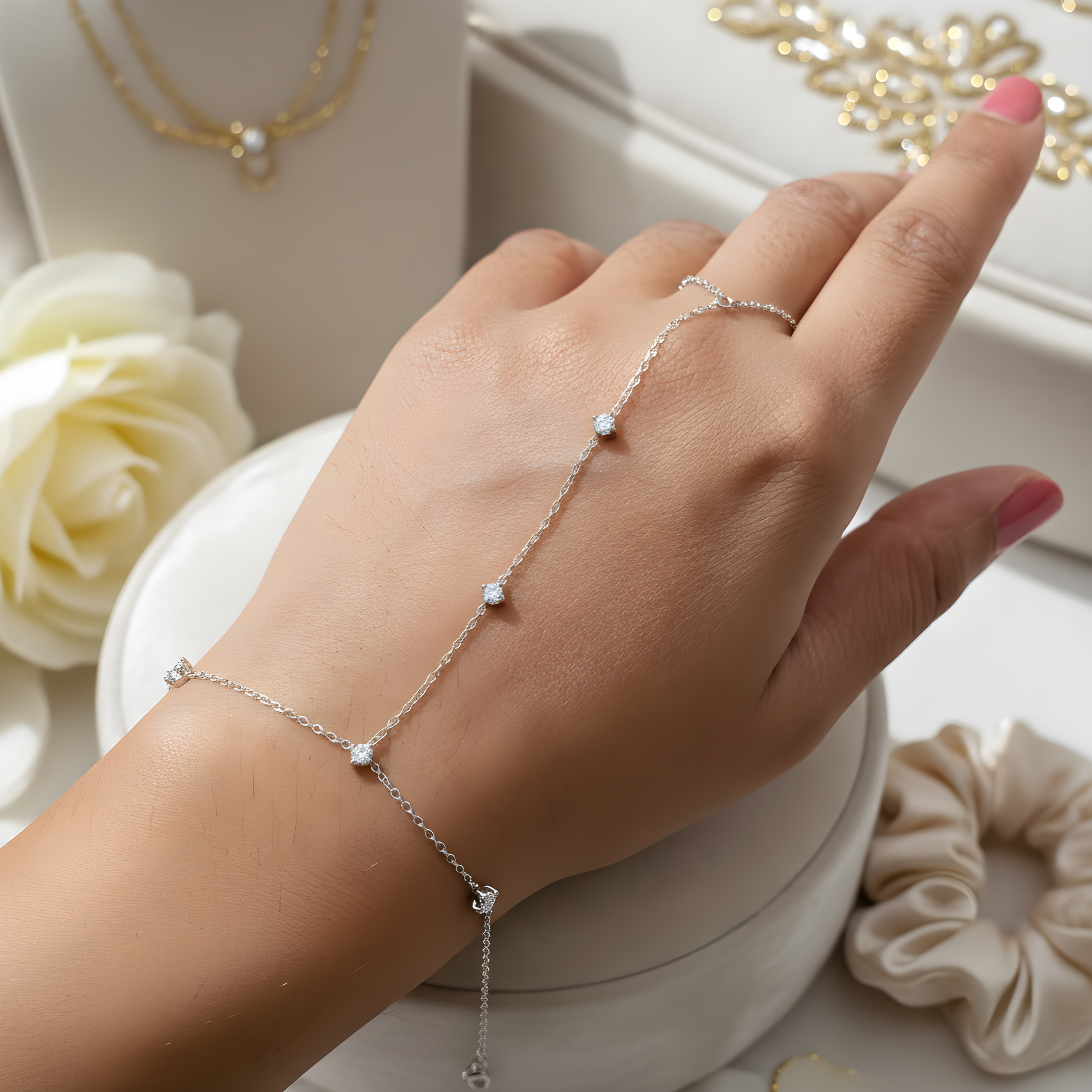 Woman wearing a luxury and minimalist silver plated stainless steel handchain bracelet with zirconia stones. Gordana jewelry Mauritius. 