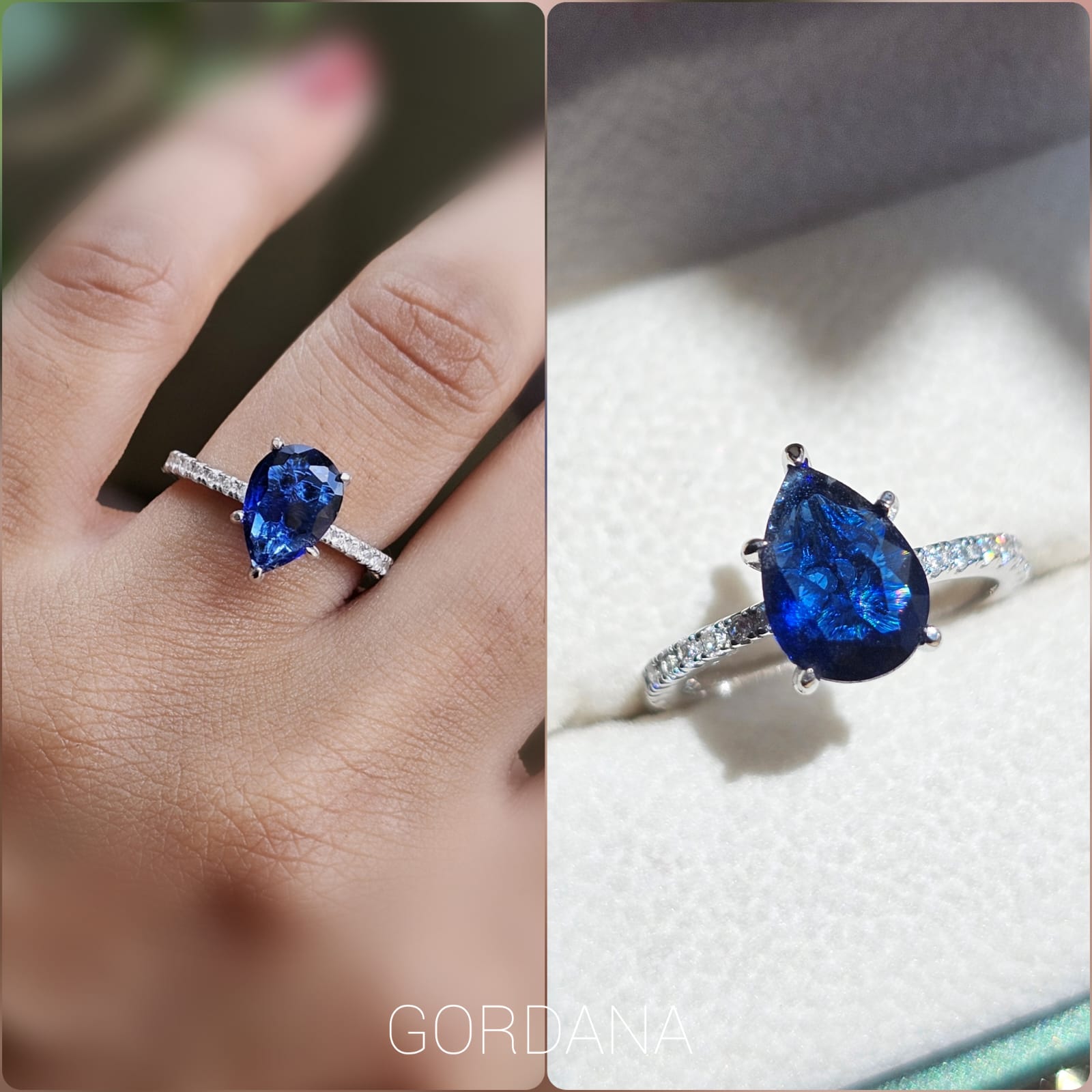 Silver ring with a pear-shaped deep blue gemstone and small clear stones on the band.