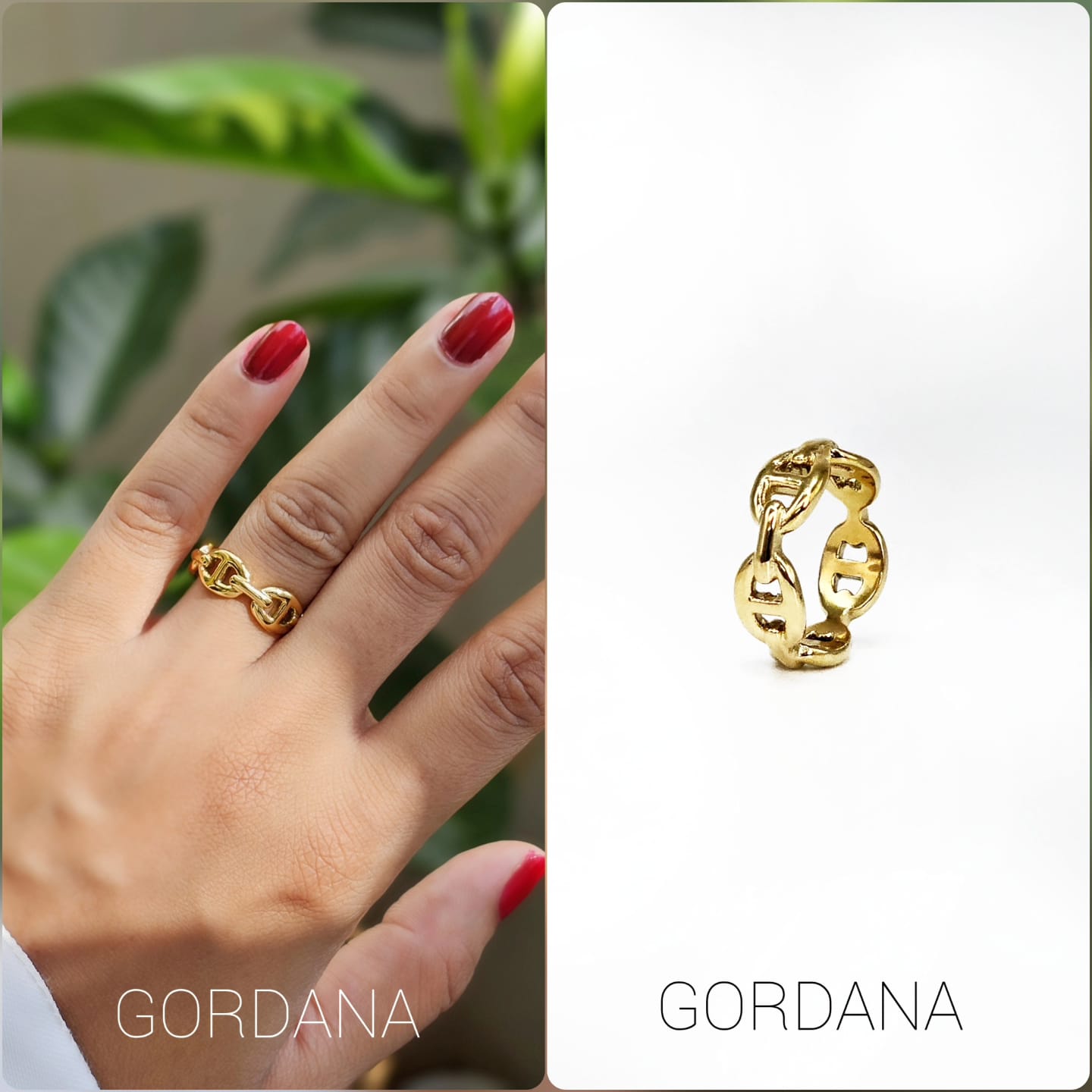 Gold-toned stainless steel ring with intricate chain design, stylish unisex fashion jewelry.