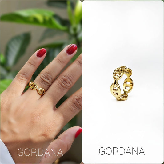 Gold-toned stainless steel ring with intricate chain design, stylish unisex fashion jewelry.