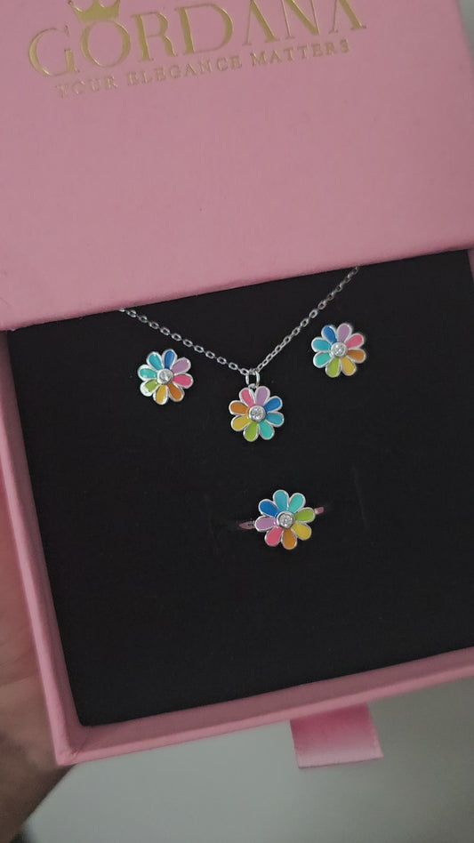 Sterling Silver Daisy Jewelry Set – Necklace, Earrings & Ring