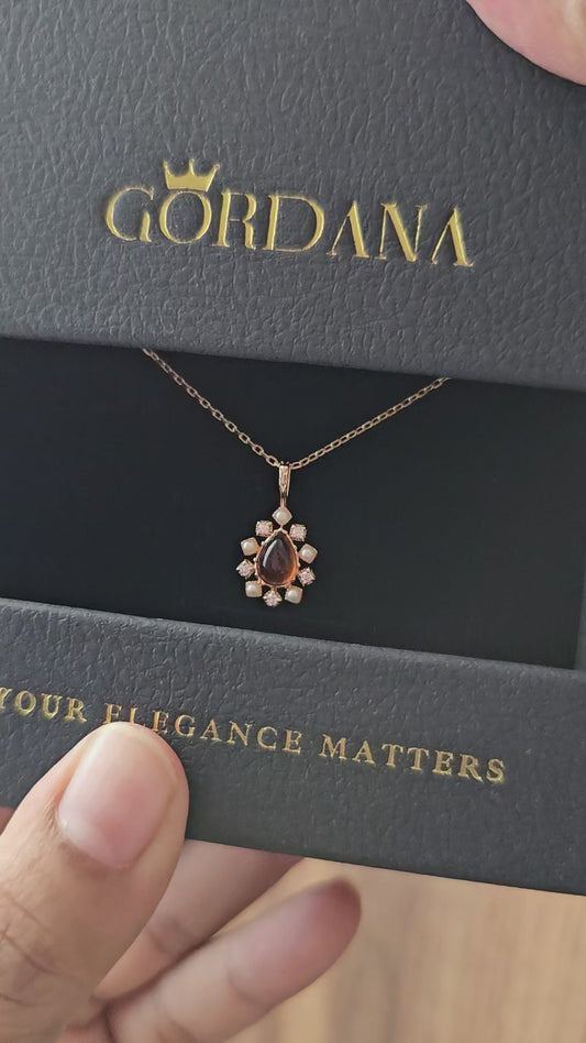 Amber Elegance Pendant Necklace – Gold Plated S925 Sterling Silver with Pearls and Zirconia