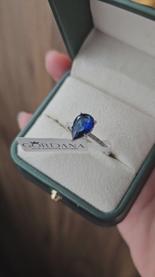 Pear‑Cut Blue Gem Ring – S925 Sterling Silver