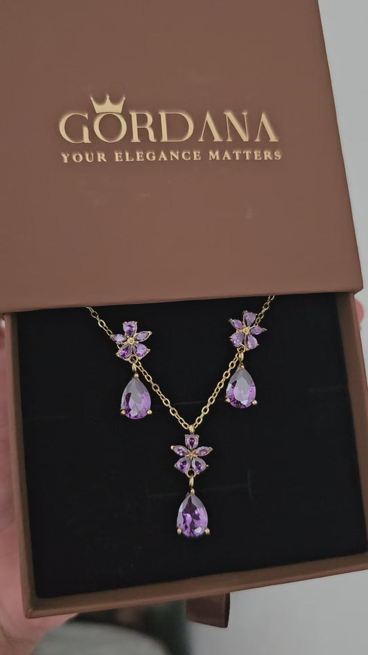 Purple Crystal Necklace & Earrings | Gold Stainless Steel Set