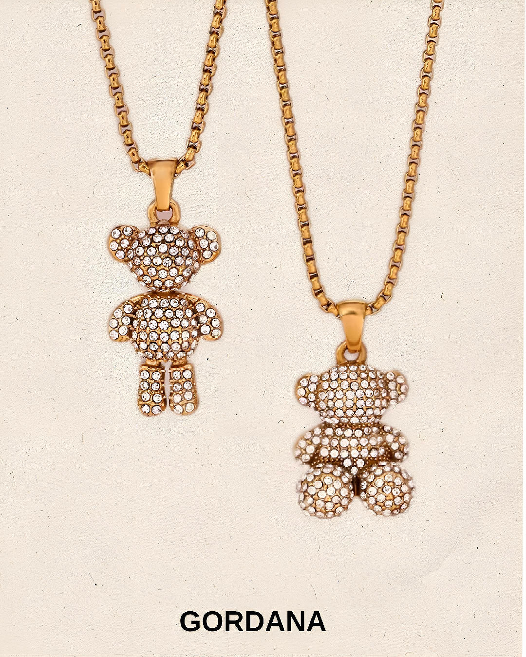 Gold teddy bear pendant embedded with diamonds necklace on a beige background - romantic jewelry shipping worldwide from Mauritius