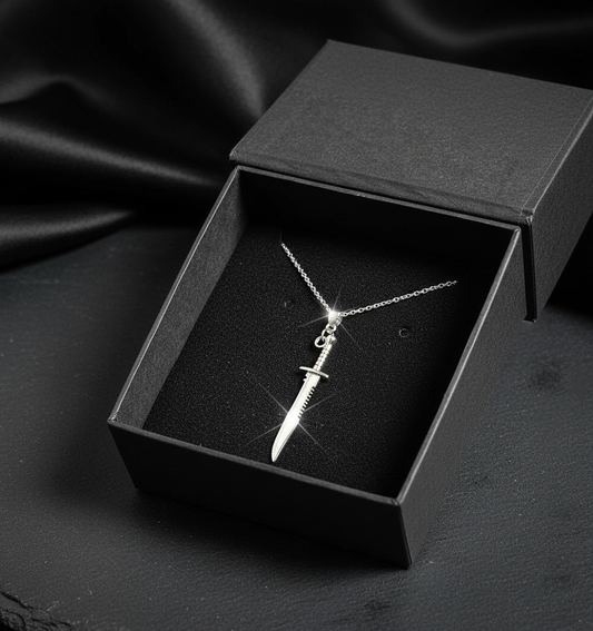 Silver sword-shaped necklace in a black box on a dark fabric background