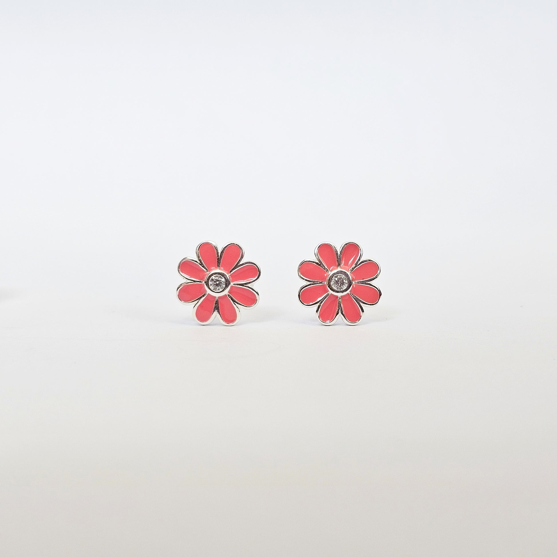 Silver jewelry pink daisy stud earrings with gemstone center, stainless steel fashion jewelry for unisex style.