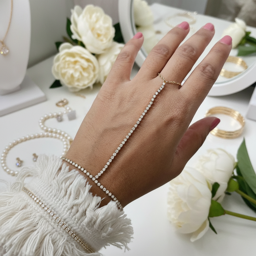 Gold CZ Stainless Steel Hand Chain Bracelet for Women