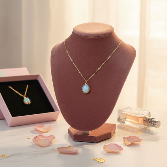 Gold necklace with a Opal pendant on a brown mannequin bust, with a pink box and perfume bottle in the background.