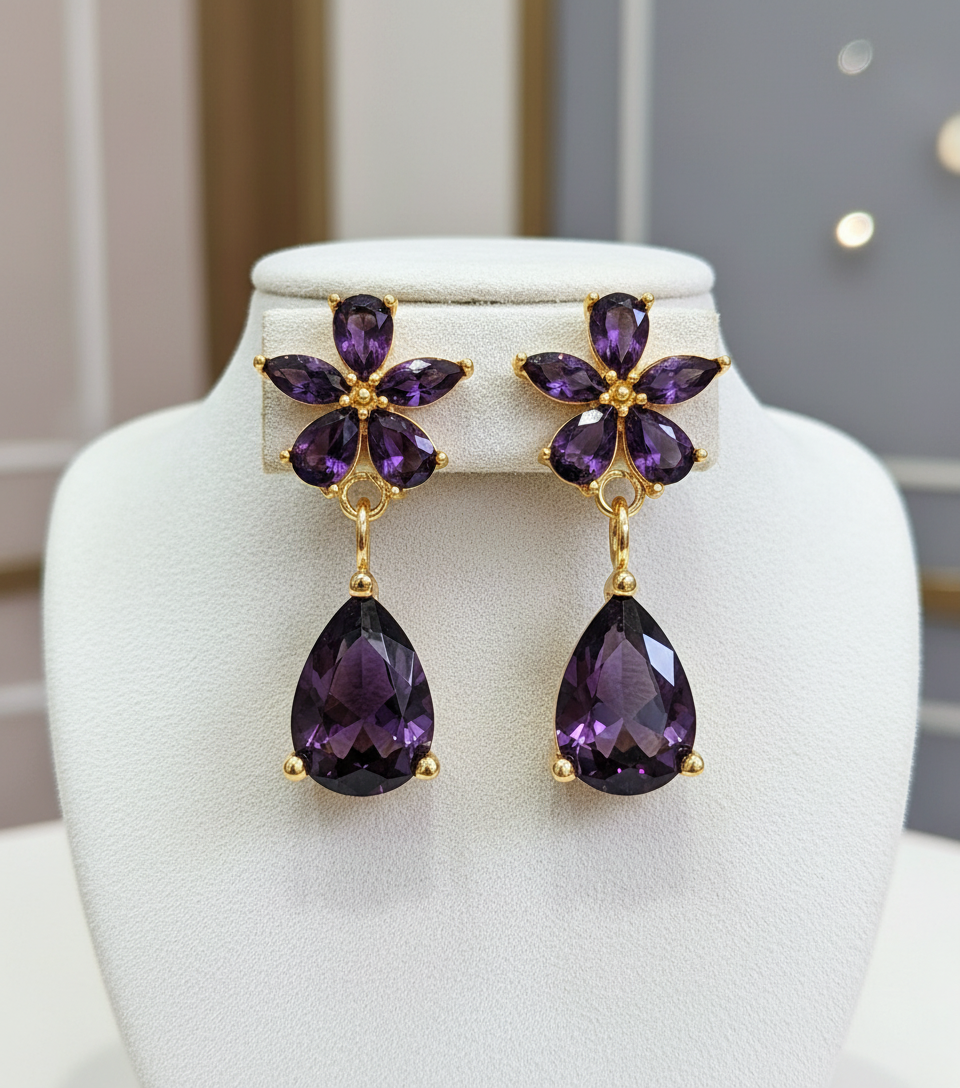 Purple teardrop and flower-shaped earrings on a white stand with a blurred background