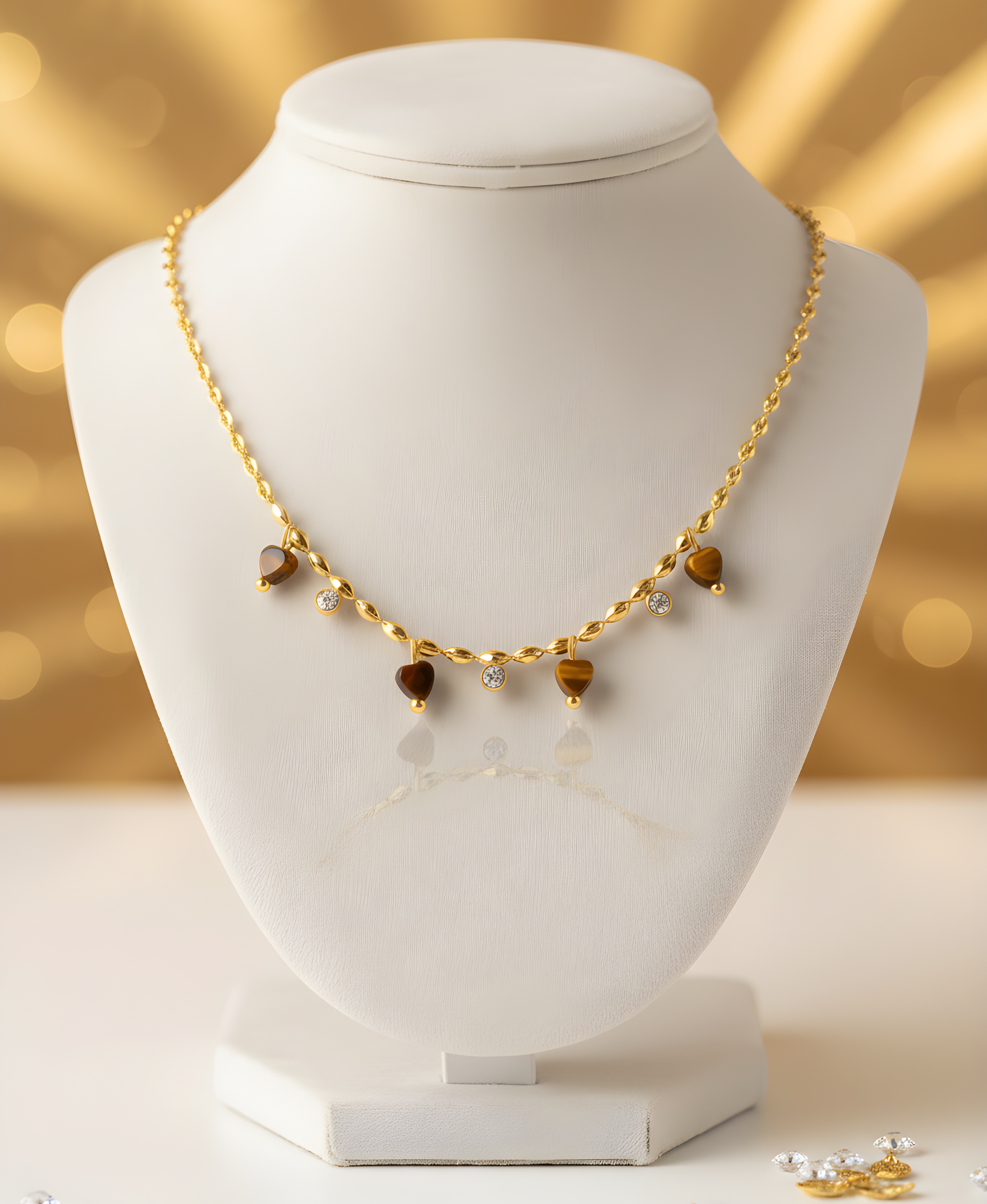 Gold necklace featuring diamonds and natural stones on a white mannequin bust with a blurred gold background