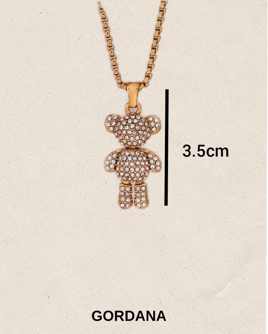 Gold teddy bear pendant necklace embedded with diamonds - romantic jewelry shipping worldwide from Mauritius