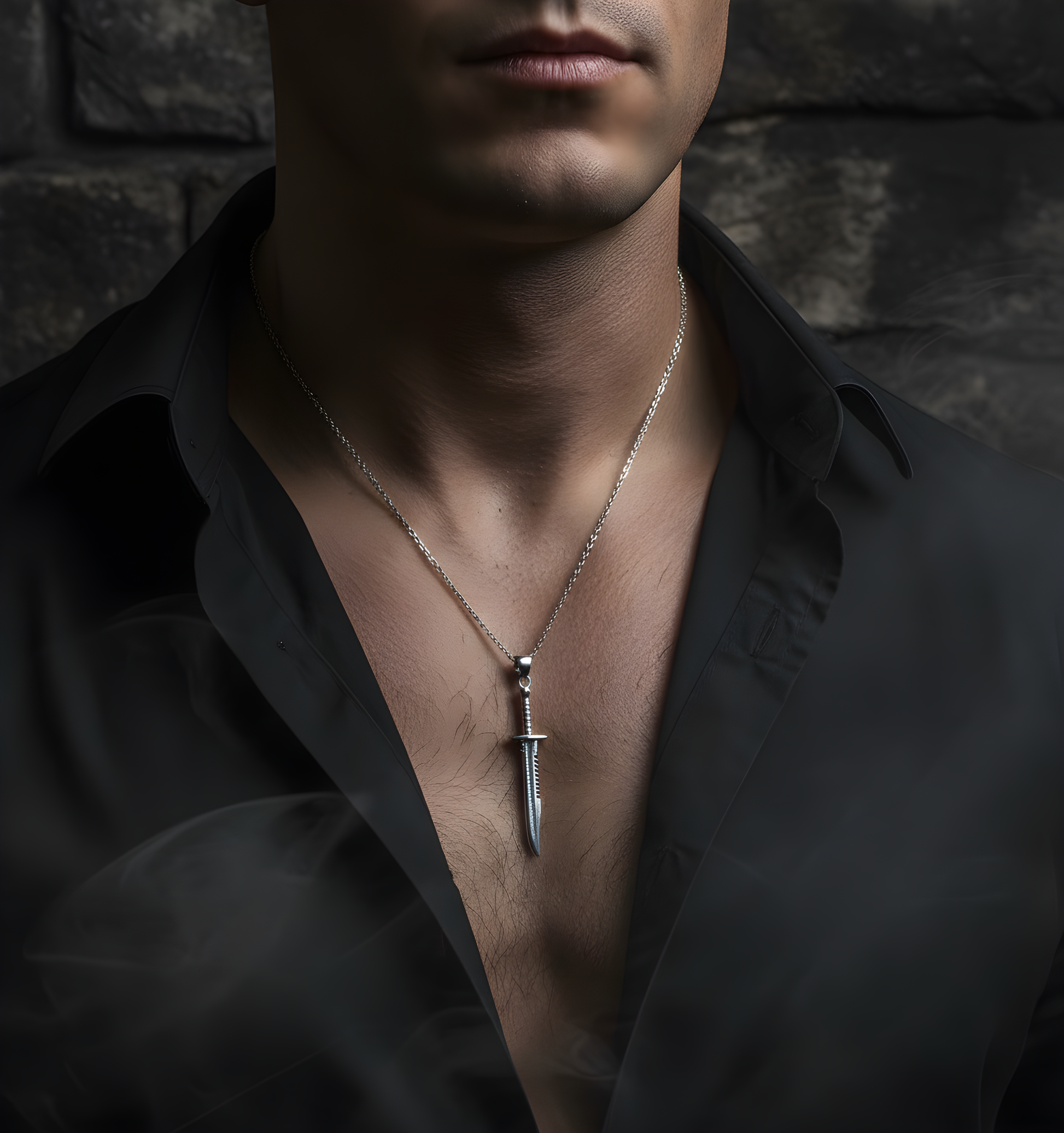 Man wearing a black shirt with a silver necklace featuring a dagger pendant against a dark stone wall.