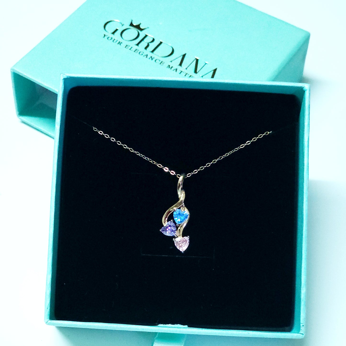 Sterling Silver Triple Heart Pendant Necklace – Blue, Purple & Pink Gemstones