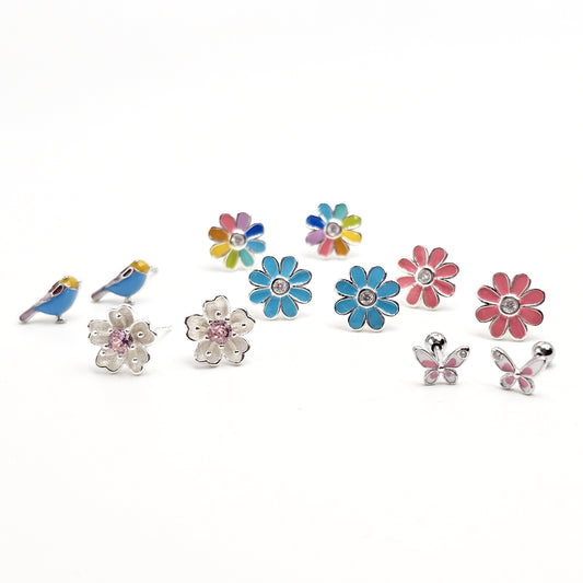 Silver jewelry stud earrings with colorful daisy, butterfly, bird, and flower designs in stainless steel, fashion gemstone.