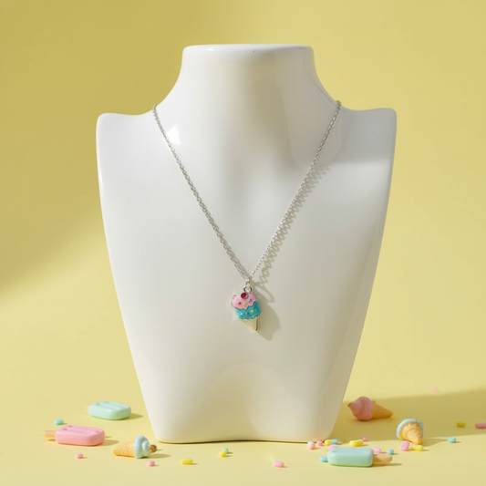 Silver stainless steel necklace featuring a colorful ice cream pendant, unisex fashion jewelry with gemstone accents,.