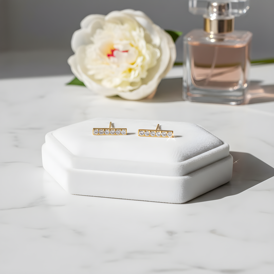 Gold Bar Stud Earrings – Stainless Steel with Sparkling Crystals