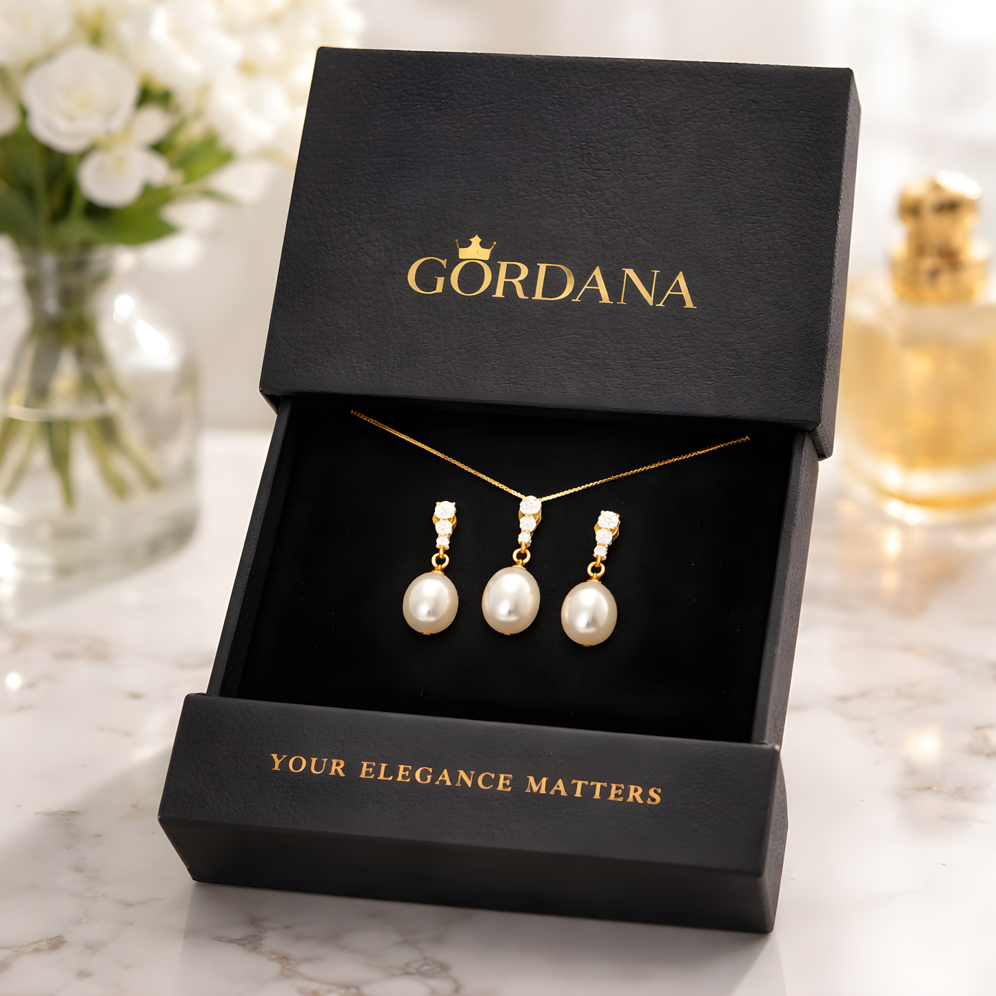 S925 Gold Vermeil Teardrop Pearl Jewelry Set – Necklace and Earrings