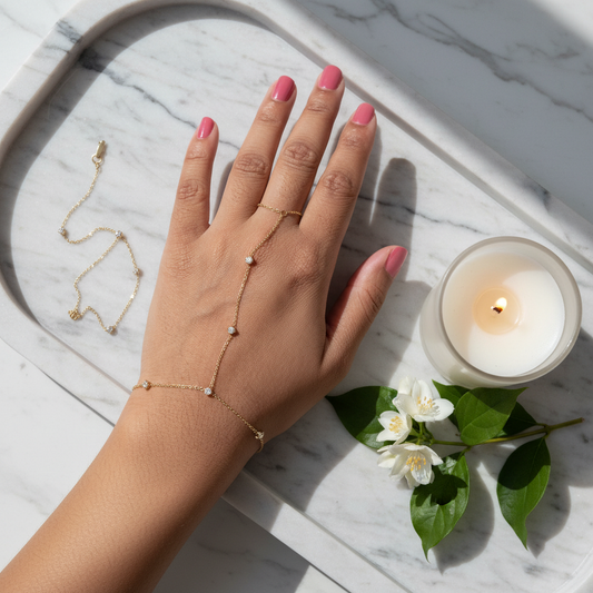 Hand wearing a gold bracelet with a marble surface, candle, and flowers.