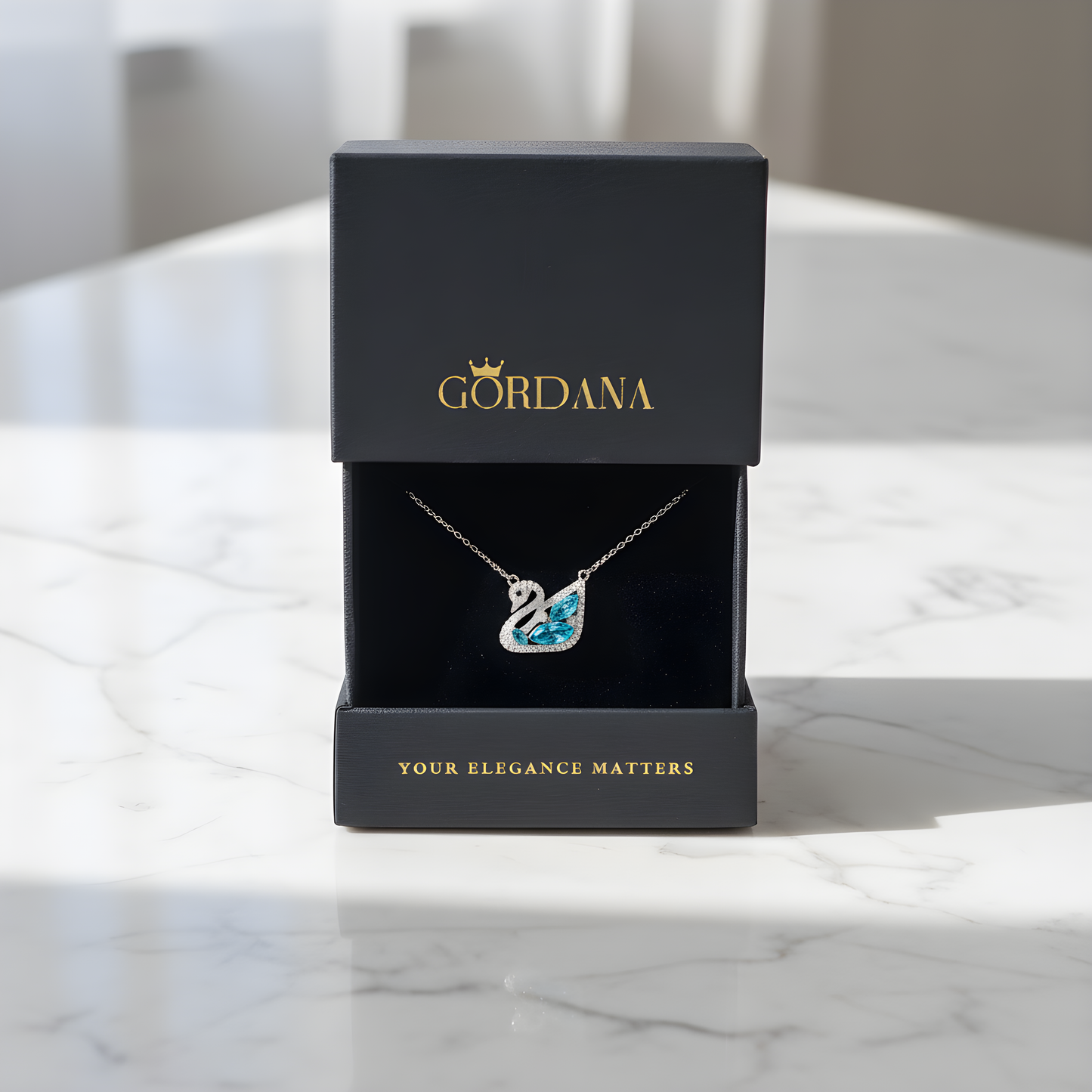 Elegant Swan Pendant Necklace — Sterling Silver with Blue and White Crystals