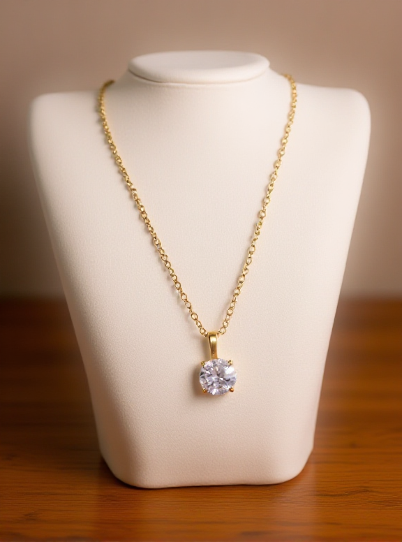 Gold necklace with a diamond pendant on a white stand against a wooden surface.