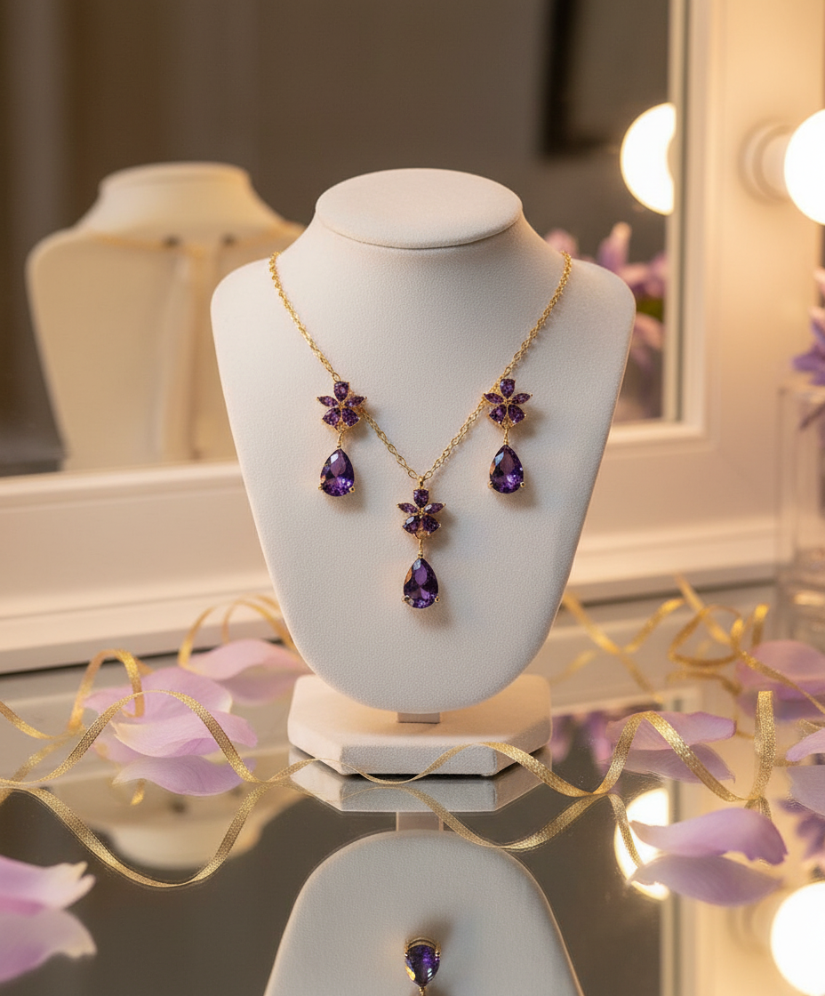 Gold Jewelry set with purple gemstones on a white mannequin bust with a blurred background.